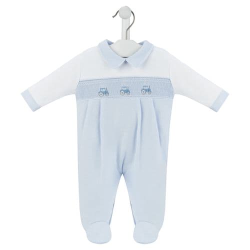 Dandelion Blue Little Tractor Smocked Sleepsuit
